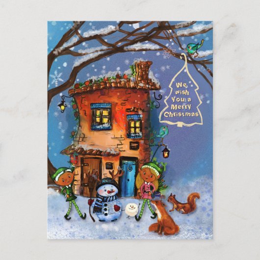 Whimsical House and Winter Woodland Friends  Feestdagenkaart (Voorkant)