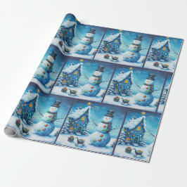 Whimsical House & Snowman Christmas Decoupage Cadeaupapier