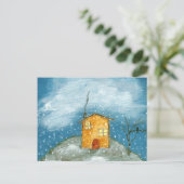 Whimsical House Snowstorm Tree Folk Art Painting Briefkaart (Staand voorkant)