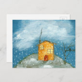 Whimsical House Snowstorm Tree Folk Art Painting Briefkaart (Voorkant / Achterkant)