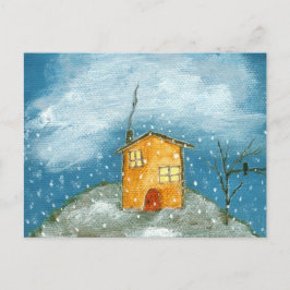 Whimsical House Snowstorm Tree Folk Art Painting Briefkaart