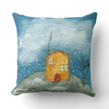 Whimsical House Snowstorm Tree Folk Art Painting