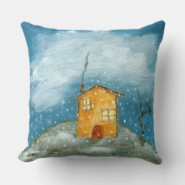 Whimsical House Snowstorm Tree Folk Art Painting Kussen