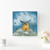Whimsical House Snowstorm Tree Folk Art Painting Vierkante Klok (Huis)