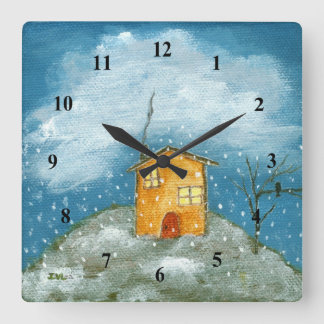 Whimsical House Snowstorm Tree Folk Art Painting Vierkante Klok