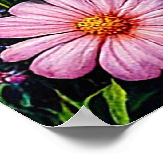 Whimsical huisje met levendige bloementuin poster (Hoek)