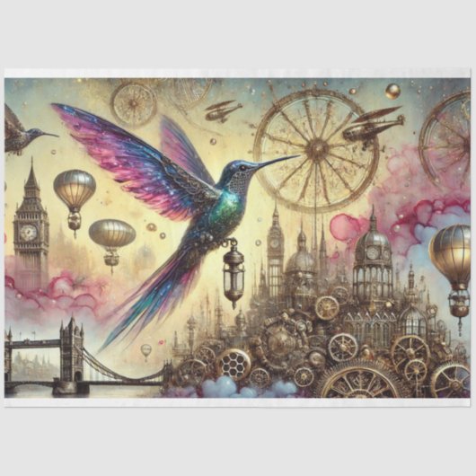 Whimsical Hummingbird Steampunk Flight Decoupage Tissuepapier (Voorkant)
