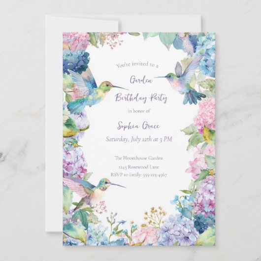 Whimsical Hummingbirds with Hydrangeas Birthday Kaart (Voorkant)