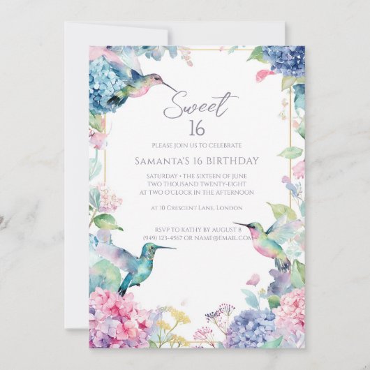 Whimsical Hummingbirds with Hydrangeas Sweet 16 Kaart (Voorkant)