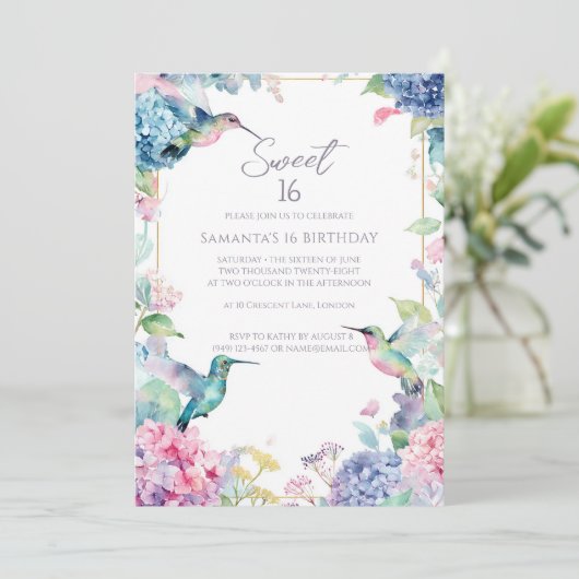 Whimsical Hummingbirds with Hydrangeas Sweet 16 Kaart (Staand voorkant)
