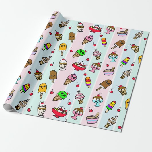 Whimsical Ice Cream and Cherries Birthday Cadeaupapier (Uitgerold)