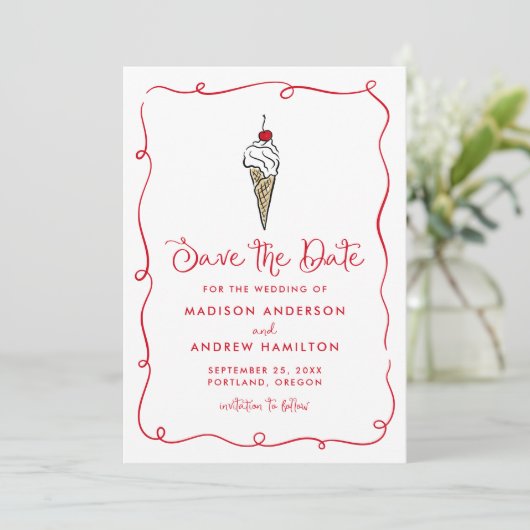 Whimsical Ice Cream Cone Wedding Save The Date (Staand voorkant)