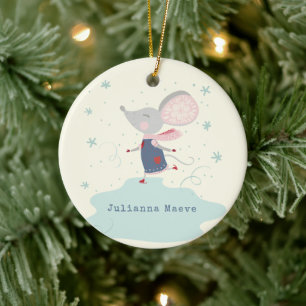 Whimsical Ice Skater Mouse Holiday Name Custom Keramisch Ornament