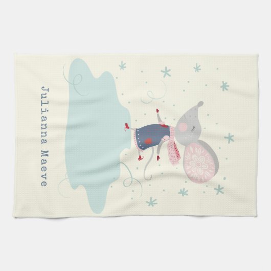 Whimsical Ice Skater Mouse Holiday Name Custom Theedoek (Horizontaal)