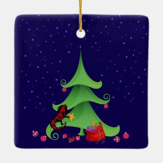 *Whimsical Iguana Oh Kerstboom Keramisch Ornament (Achterkant)