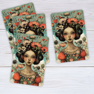 Whimsical Illustratie Dame met bloemen Pokerkaarten
