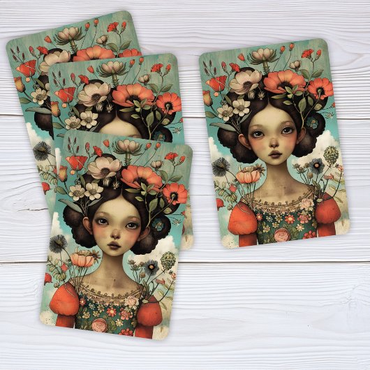 Whimsical Illustratie Dame met bloemen Pokerkaarten