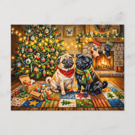 Whimsical illustratie van Kerstmiskuil met mopshon Briefkaart