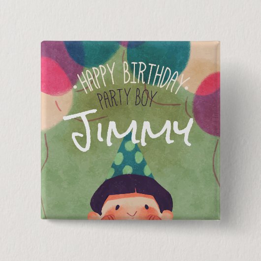 Whimsical Illustration Happy Birthday Party Boy Vierkante Button 5,1 Cm (Voorkant)