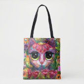Whimsical Impressionistische Big Eyed Kat in Bloem Tote Bag (Voorkant)