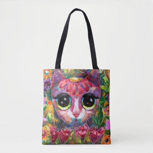 Whimsical Impressionistische Big Eyed Kat in Bloem Tote Bag (Voorkant)