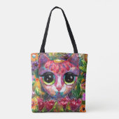 Whimsical Impressionistische Big Eyed Kat in Bloem Tote Bag (Achterkant)