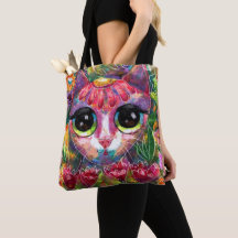 Whimsical Impressionistische Big Eyed Kat in Bloem