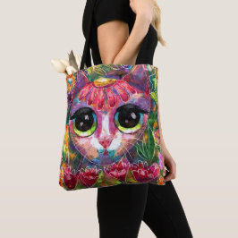 Whimsical Impressionistische Big Eyed Kat in Bloem Tote Bag