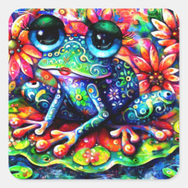 Whimsical Impressionistische Bloemen Kikker Schild Vierkante Sticker
