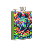 Whimsical Impressionistische Bloemenkikker Groen B Heupfles (Rechts)