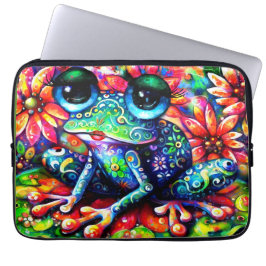 Whimsical Impressionistische Bloemenkikker Groen B Laptop Sleeve