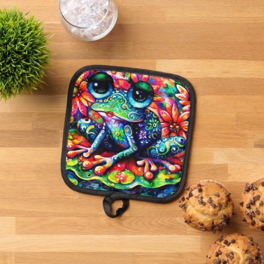 Whimsical Impressionistische Bloemenkikker Groen B Pannenlap (Top down)