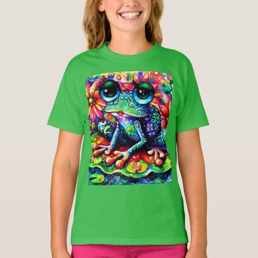 Whimsical Impressionistische Bloemenkikker Groen B T-shirt (Voorkant)