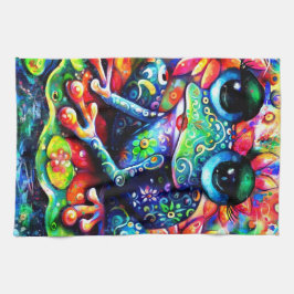 Whimsical Impressionistische Bloemenkikker Groen B Theedoek