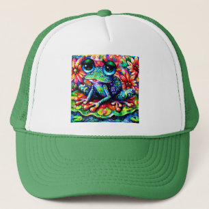 Whimsical Impressionistische Bloemenkikker Groen B Trucker Pet