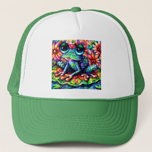 Whimsical Impressionistische Bloemenkikker Groen B Trucker Pet (Voorkant)