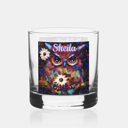 Whimsical Impressionistische Bloemenuil gepersonal Whisky Glas (Voorkant)