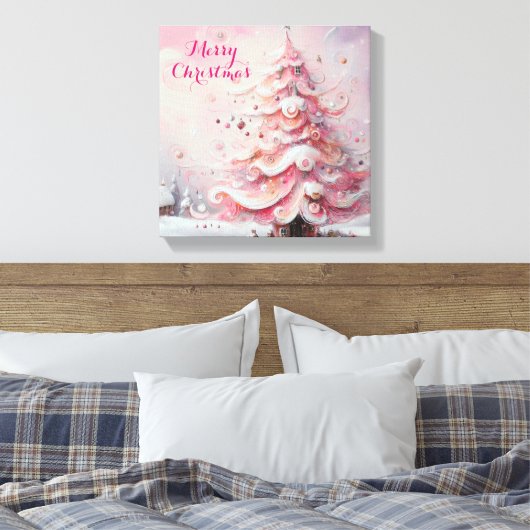 Whimsical Impressionistische Kerstboom Roze Canvas Afdruk (Insitu (Slaapkamer))