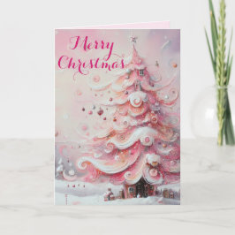 Whimsical Impressionistische Kerstboom Roze Feestdagen Kaart