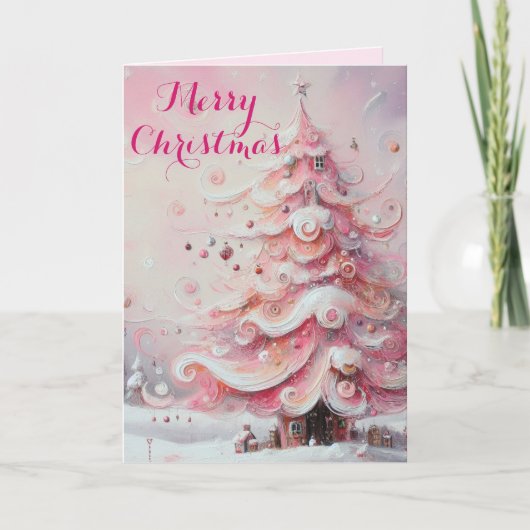 Whimsical Impressionistische Kerstboom Roze Feestdagen Kaart (Voorkant)