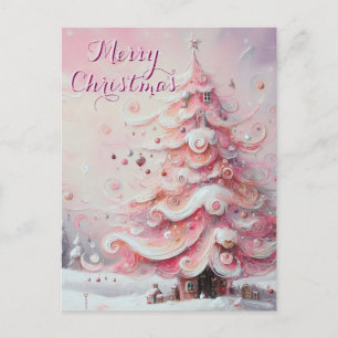 Whimsical Impressionistische Kerstboom Roze Feestdagenkaart