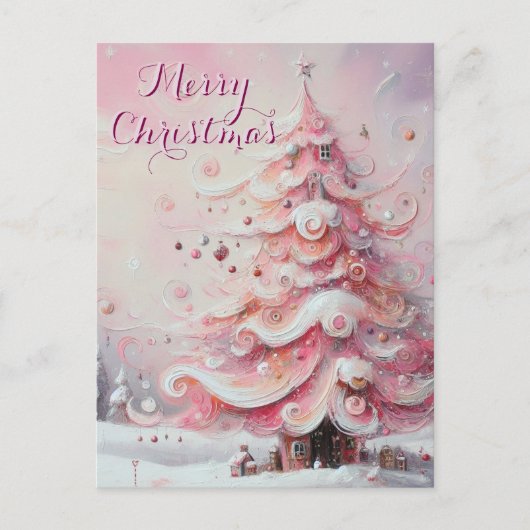 Whimsical Impressionistische Kerstboom Roze Feestdagenkaart (Voorkant)