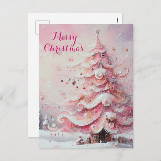 Whimsical Impressionistische Kerstboom Roze Feestdagenkaart (Voorkant / Achterkant)