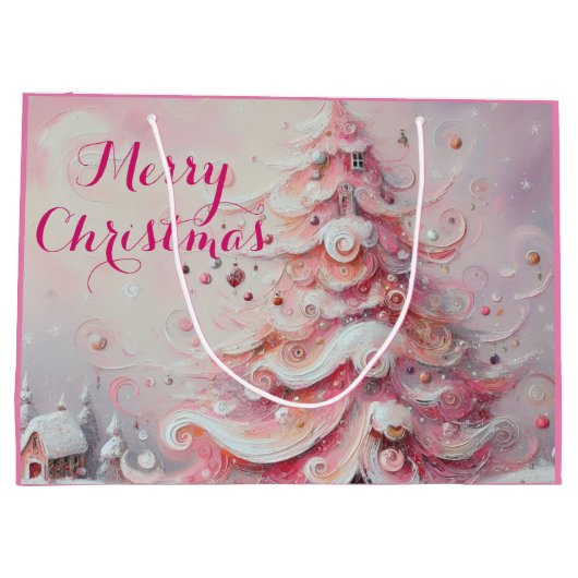 Whimsical Impressionistische Kerstboom Roze Groot Cadeauzakje (Achterkant)