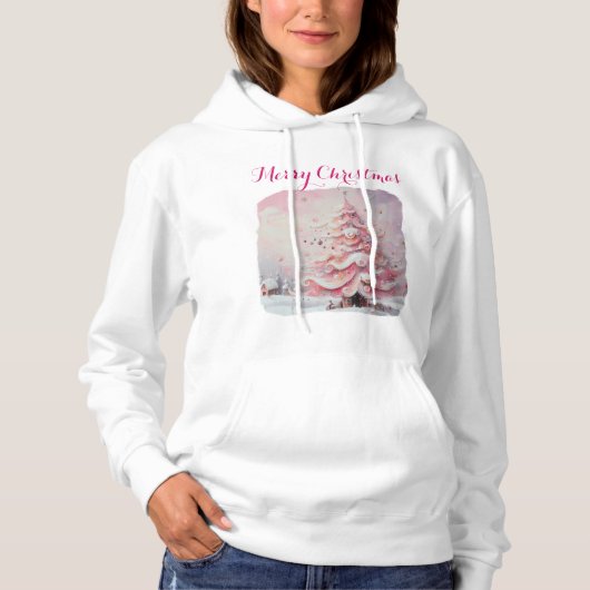 Whimsical Impressionistische Kerstboom Roze Hoodie (Voorkant)
