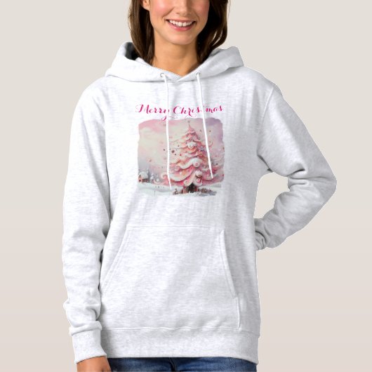 Whimsical Impressionistische Kerstboom Roze Hoodie (Voorkant)
