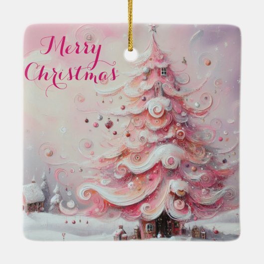 Whimsical Impressionistische Kerstboom Roze Keramisch Ornament (Achterkant)