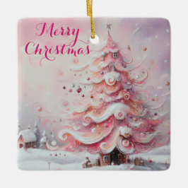 Whimsical Impressionistische Kerstboom Roze Keramisch Ornament
