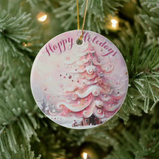 Whimsical Impressionistische Kerstboom Roze Keramisch Ornament (Boom)