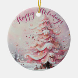 Whimsical Impressionistische Kerstboom Roze Keramisch Ornament